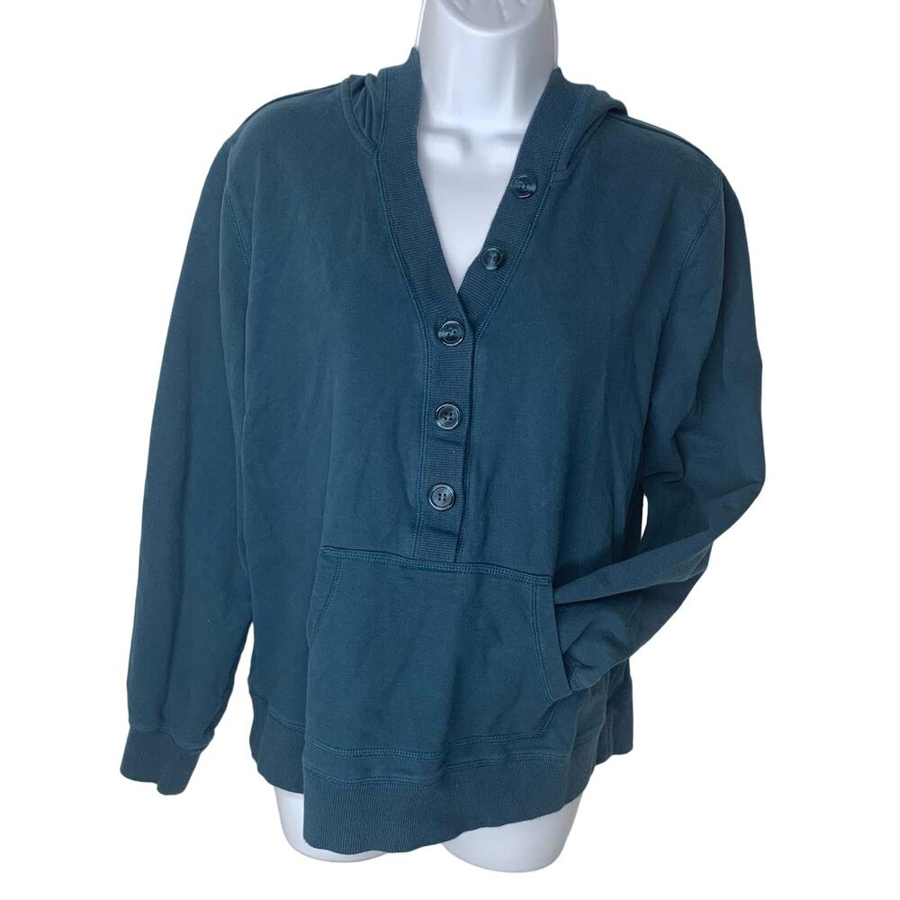 SJB Active Jacket Pullover Womens Sz Large Blue Button Hooded Long Sleeve Pocket